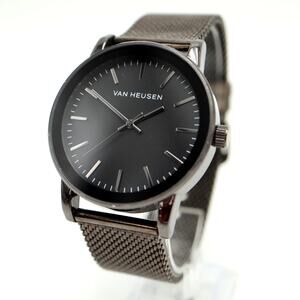 Van Heusen Mens Black Gunmetal 43mm Watch Metal Mesh Strap w New Battery